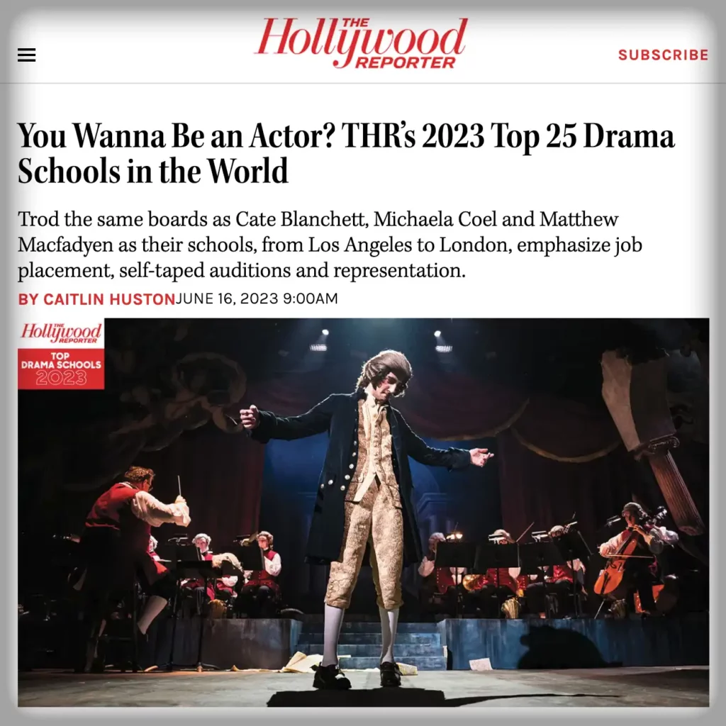 Headline page from the Hollywood Reporter's article on top 25 Drama Schools in the World