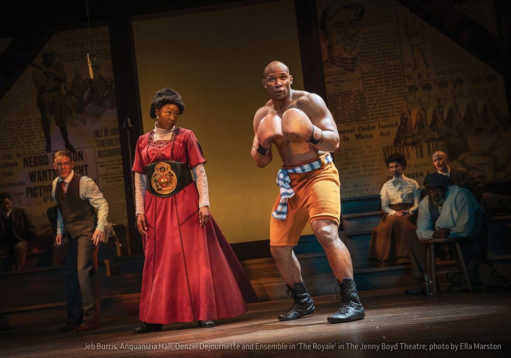 Jeb Burris, Anquanizia Hall, Denzel Dejournette and Ensemble in ‘The Royale’ in The Jenny Boyd Theatre; photo by Ella Marston