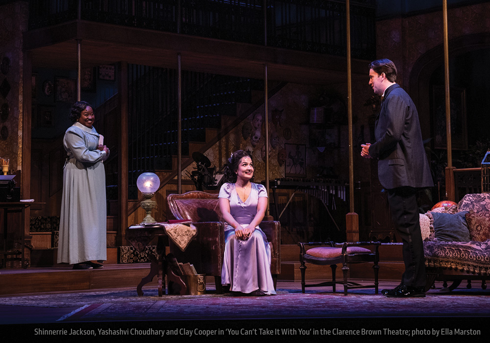 Shinnerrie Jackson, Yashashvi Choudhary and Clay Cooper in ‘You Can’t Take It With You’ in the Clarence Brown Theatre; photo by Ella Marston