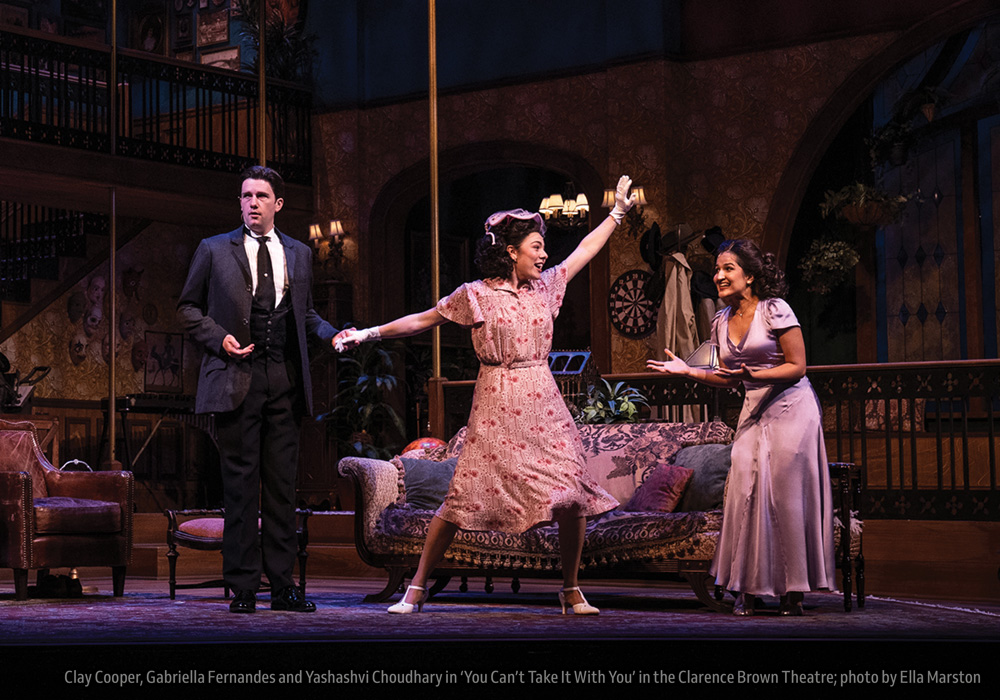 Clay Cooper, Gabriella Fernandes and Yashashvi Choudhary in ‘You Can’t Take It With You’ in the Clarence Brown Theatre; photo by Ella Marston